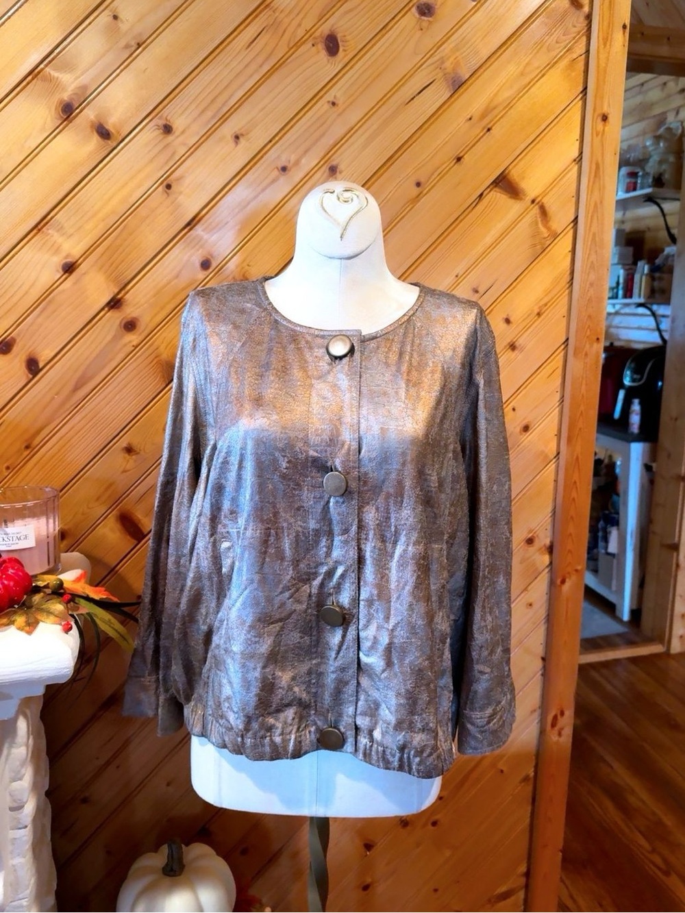 Ruby Rd. Metallic Shimmer Collarless Button Front Jacket Size 12